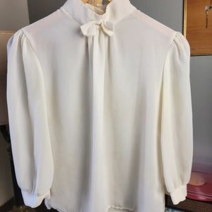 Vintage Flowy White Cream Bow Blouse Keyhole Button Puff Sleeves Womens XS / S
